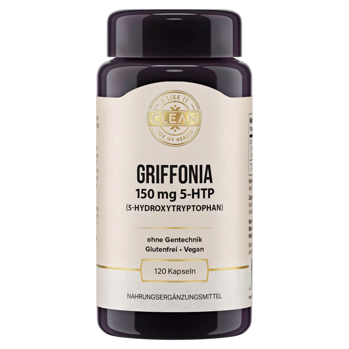 Das Bild zeigt eine Verpackung von Griffonia 500 mg Kapseln mit natürlichem 5-HTP Gehalt, ohne Gentechnik und vegan. Die Verpackung ist dunkel und beige, mit einem goldenen Siegel. Um die Verpackung herum befinden sich Symbole, die die Vorteile des Produkts hervorheben, wie "Fördert die seelische Ausgeglichenheit", "Hoher 5-HTP Gehalt", "Natürliche Quelle", "Keine Zusatzstoffe", "Wesentlich für Biorhythmus" und "Unterstützt Serotonin-Haushalt".