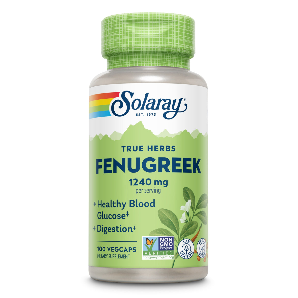 Das Bild zeigt eine Flasche mit Nahrungsergänzungsmitteln der Marke Solaray. Auf dem Etikett steht "True Herbs Fenugreek 1240 mg per serving". Die Flasche ist grün mit einem grünen Deckel. Es werden Vorteile wie "Healthy Blood Glucose" und "Digestion" hervorgehoben. Die Flasche enthält 100 Vegcaps und ist als Non-GMO und Lab-Verified gekennzeichnet.