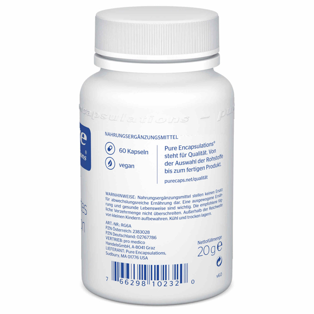 Das Bild zeigt eine weiße Plastikflasche mit einem Etikett von Pure Encapsulations. Auf dem Etikett stehen Informationen über das Produkt: es handelt sich um ein Nahrungsergänzungsmittel mit 60 veganen Kapseln. Weitere Informationen auf dem Etikett beinhalten Warnhinweise und Angaben zur Qualität. Der Hintergrund ist weiß.