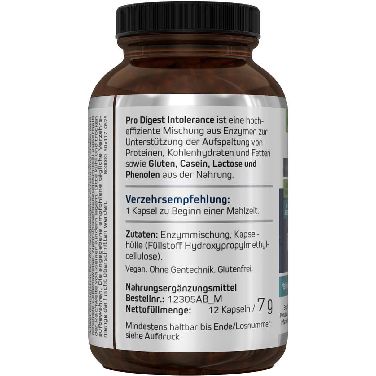 Flasche mit Nahrungsergänzungsmittel 'Pro Digest Intolerance', 90 Kapseln. Vegan, non-GMO, Enzymmischung für Verdauung.