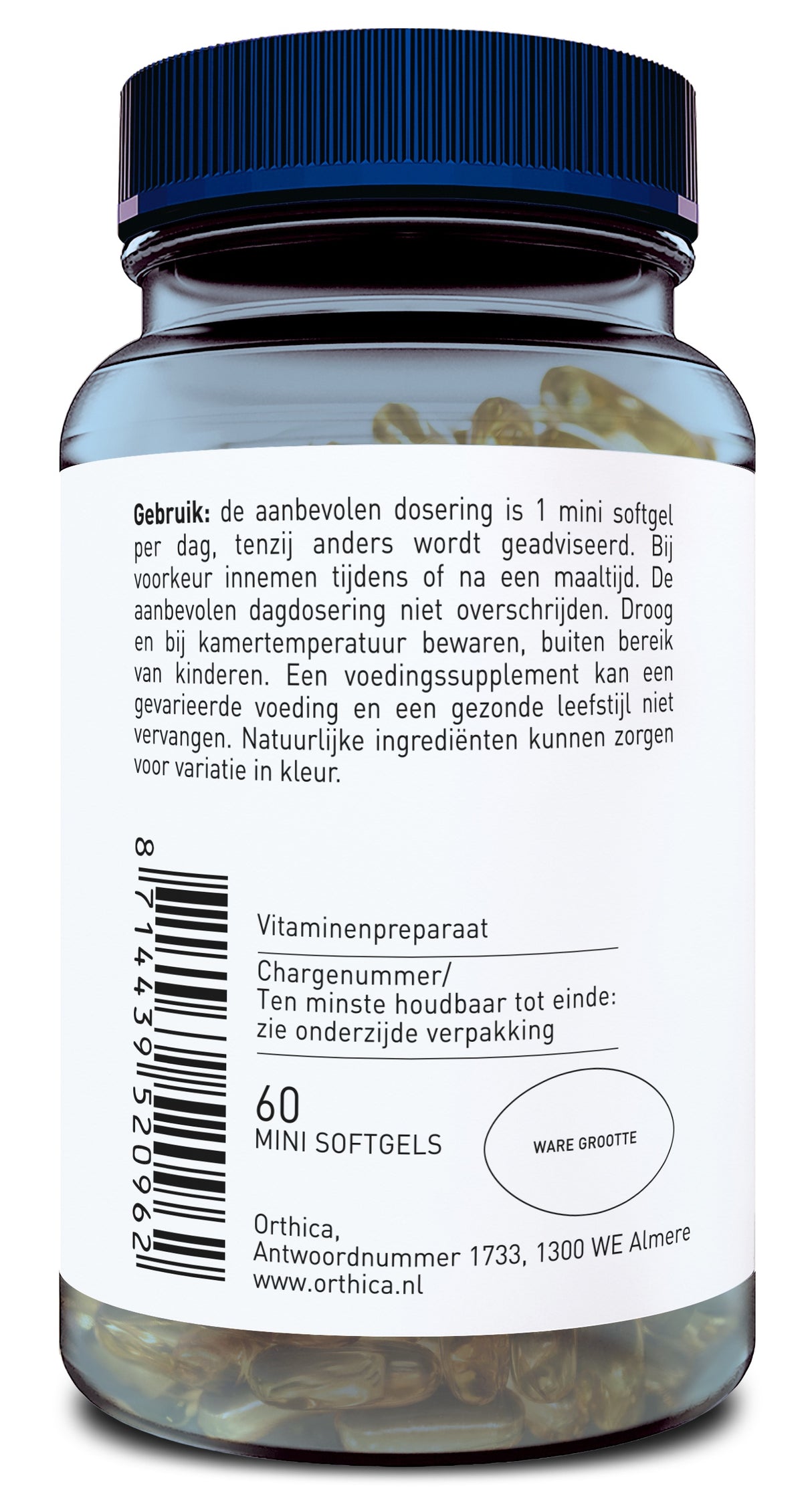 Das Bild zeigt eine durchsichtige Plastikflasche mit blauen Deckel, gefüllt mit gelben Mini-Softgels. Auf dem weißen Etikett stehen Anweisungen zur Verwendung auf Niederländisch, darunter die empfohlene Dosierung und Lagerungshinweise. Die Flasche enthält 60 Mini-Softgels und ist von der Marke Orthica.
