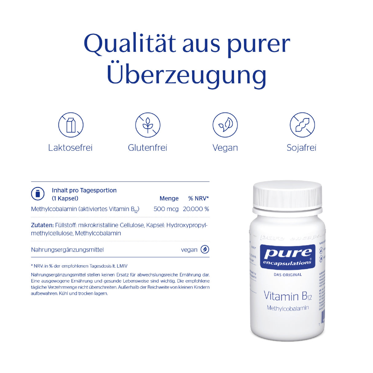 Das Bild zeigt eine Verpackung von Vitamin B12 von Pure Encapsulations. Oben steht 'Qualität aus purer Überzeugung'. Darunter sind Symbole für laktosefrei, glutenfrei, vegan und sojafrei. Links sind Details zu Inhaltsstoffen und Nährwerten angegeben. Rechts befindet sich eine weiße Flasche des Produkts.