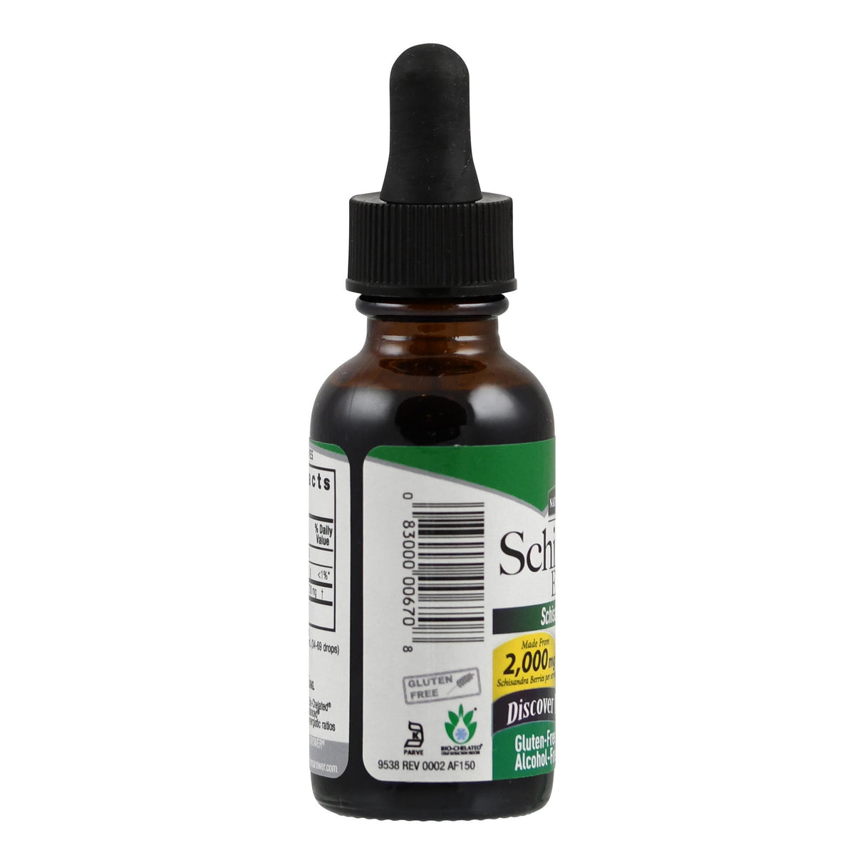 Das Bild zeigt eine braune Glasflasche mit einer Pipette als Verschluss. Auf dem Etikett steht "Schisandra Extract" und es sind verschiedene Informationen und Logos zu sehen, darunter "Gluten Free" und ein Pflanzenlogo. Die Flasche steht vor einem weißen Hintergrund.
