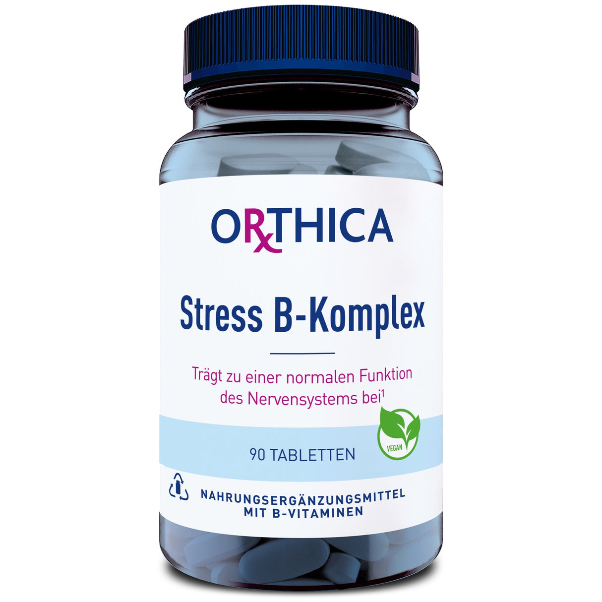 Eine Flasche mit der Aufschrift 'ORTHICA Stress B-Komplex' ist zu sehen. Die Flasche enthält 90 Tabletten und ist als Nahrungsergänzungsmittel mit B-Vitaminen gekennzeichnet. Ein grünes Symbol zeigt, dass das Produkt vegan ist.