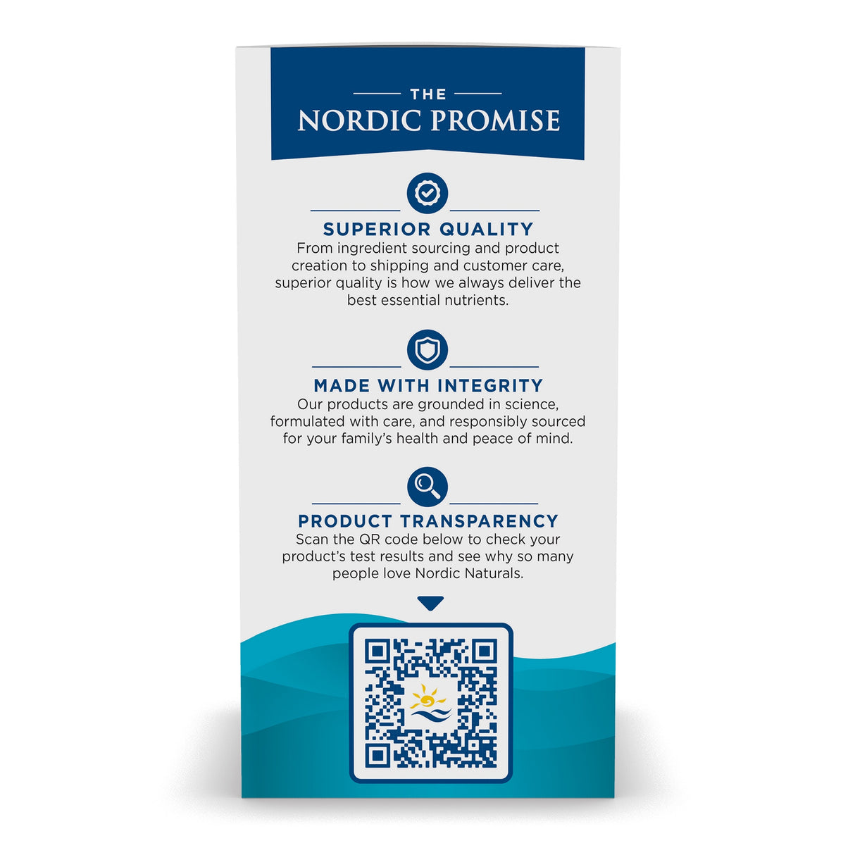 Poster mit "The Nordic Promise", betont Qualität, Integrität und Transparenz. Enthält QR-Code für Produkttests.