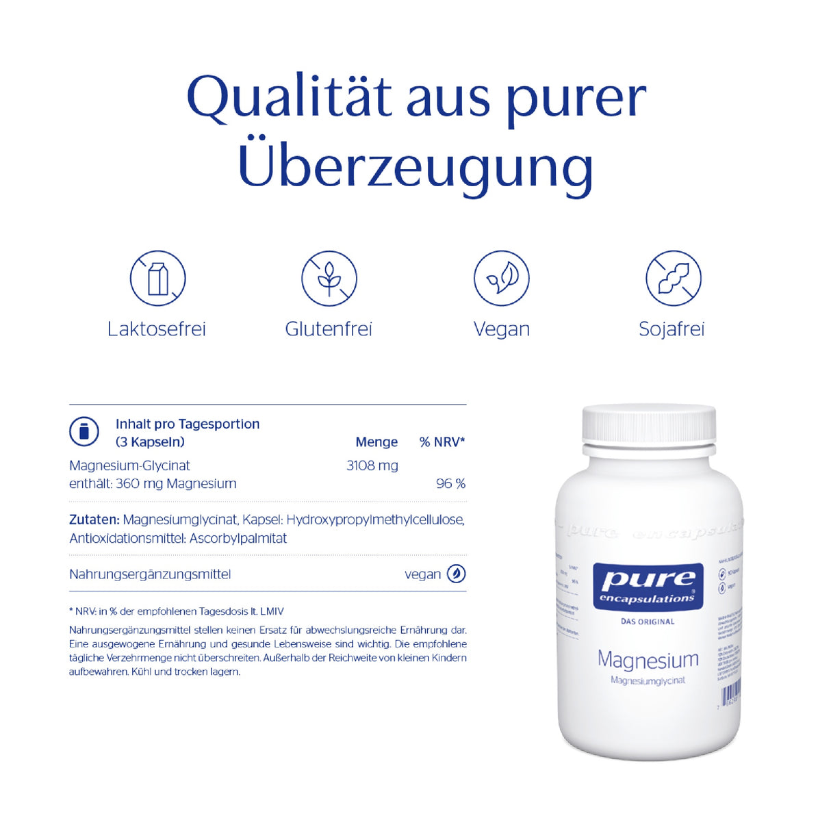 Das Bild zeigt ein Produkt von Pure Encapsulations, Magnesium in Kapselform. Oben steht 'Qualität aus purer Überzeugung'. Symbole zeigen, dass das Produkt laktosefrei, glutenfrei, vegan und sojafrei ist. Unten sind Inhaltsangaben für Magnesium-Glycinat aufgeführt. Rechts ist eine weiße Flasche mit dem Produktetikett zu sehen.