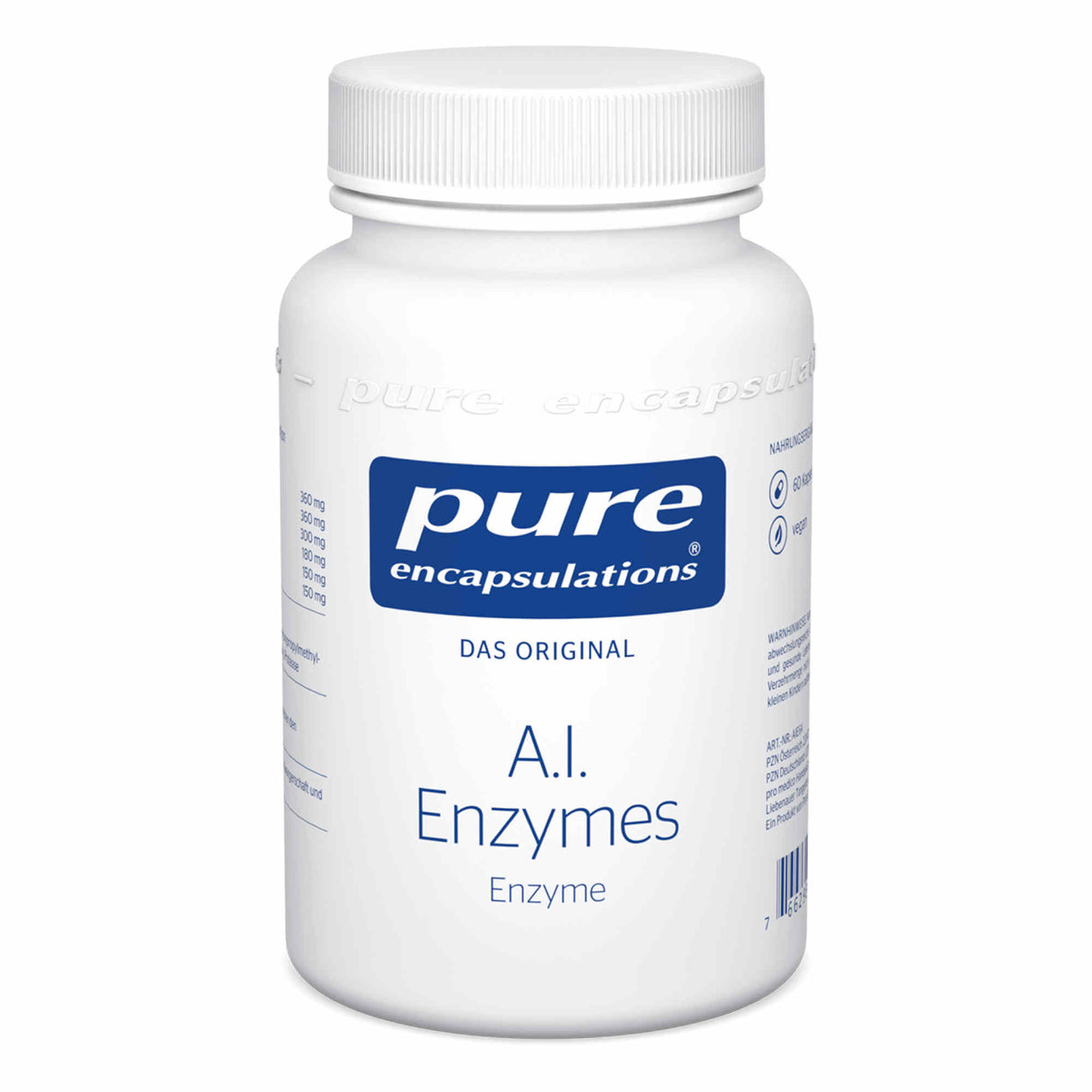 Das Bild zeigt eine weiße Kunststoffflasche mit einem Schraubverschluss. Auf dem Etikett steht „pure encapsulations DAS ORIGINAL A.I. Enzymes Enzyme“. Die Flasche ist gegen einen weißen Hintergrund fotografiert.