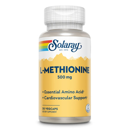 Eine Flasche mit dem Etikett 'Solaray L-Methionine 500 mg'. Die Flasche ist weiß mit einem gelben Etikett. Auf dem Etikett steht 'Essential Amino Acid' und 'Cardiovascular Support'. Die Flasche enthält 30 Vegcaps.