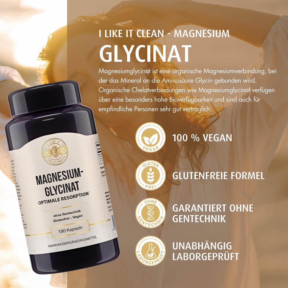 Eine Flasche Magnesium-Glycinat mit dem Label "Optimale Resorption", umgeben von Icons, die Vorteile wie keine Zusatzstoffe, Unterstützung für Nerven und Psyche, gesunde Zähne, Knochen und Muskeln, hohe Bioverfügbarkeit und gute Verträglichkeit hervorheben.