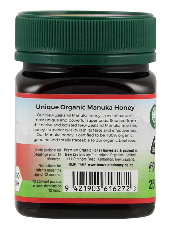 Ein Glas mit grünem Deckel, Etikett "Unique Organic Manuka Honey", Herkunft Neuseeland. Warnung: nicht für Kinder unter 12 Monaten. Gewicht: 250g.