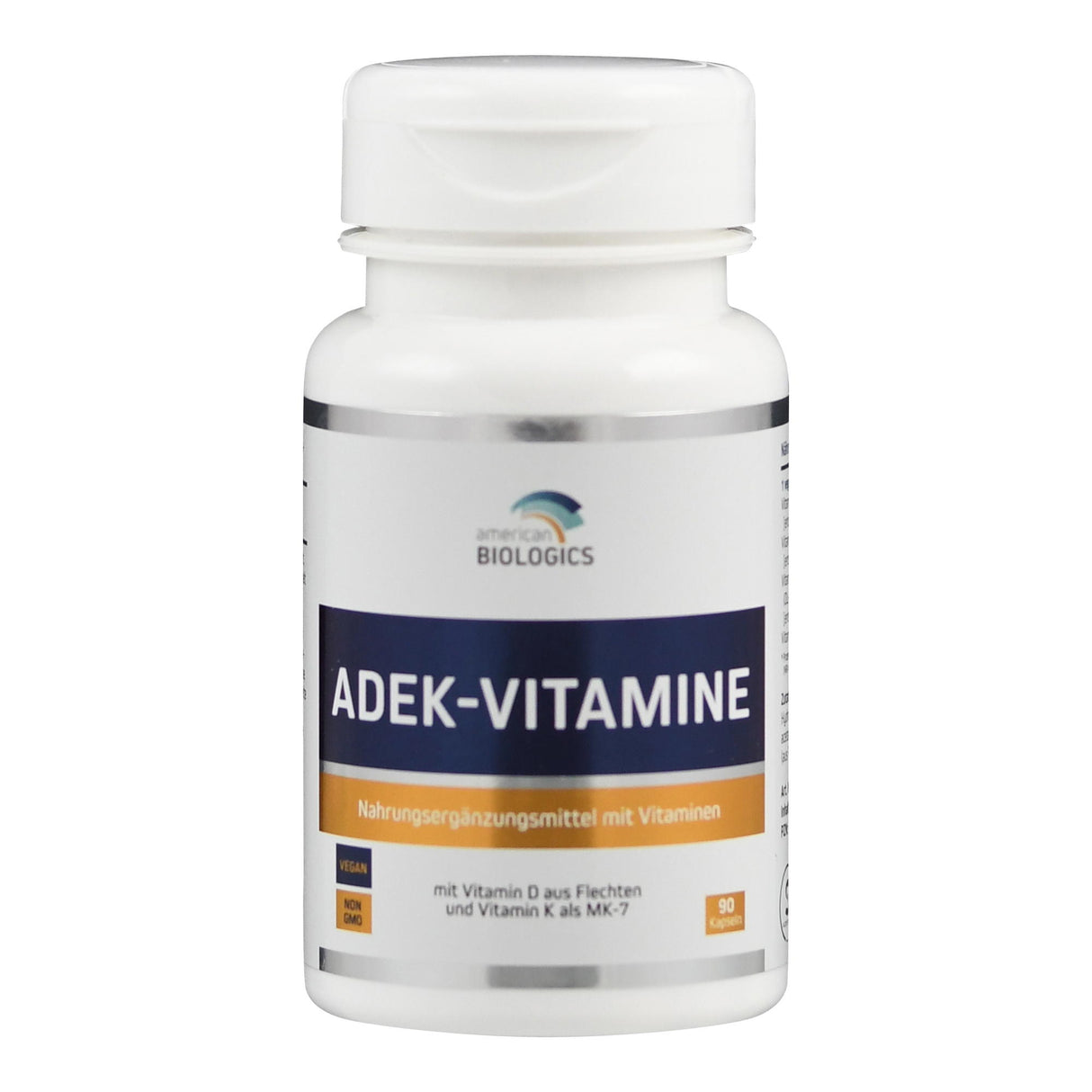 Das Bild zeigt eine weiße Plastikflasche mit einem Etikett, auf dem "ADEK-VITAMINE" steht. Die Flasche ist von American Biologics und enthält 90 vegane Kapseln. Das Etikett ist blau und orange mit Informationen über Vitamin D und K.