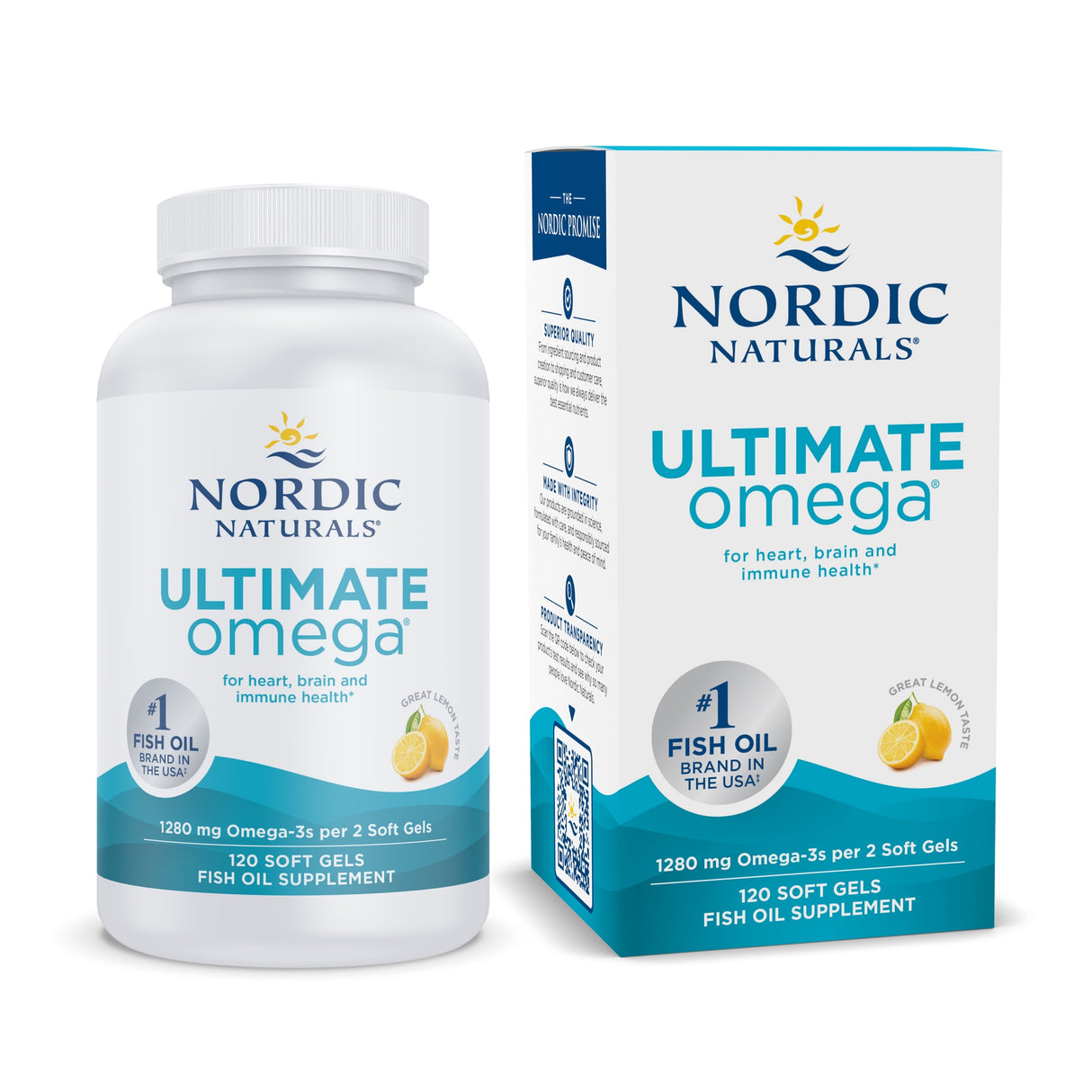 Flasche und Verpackung von Nordic Naturals Ultimate Omega Fischöl mit Zitronengeschmack. 120 Softgels, 1280 mg Omega-3 pro 2 Softgels.