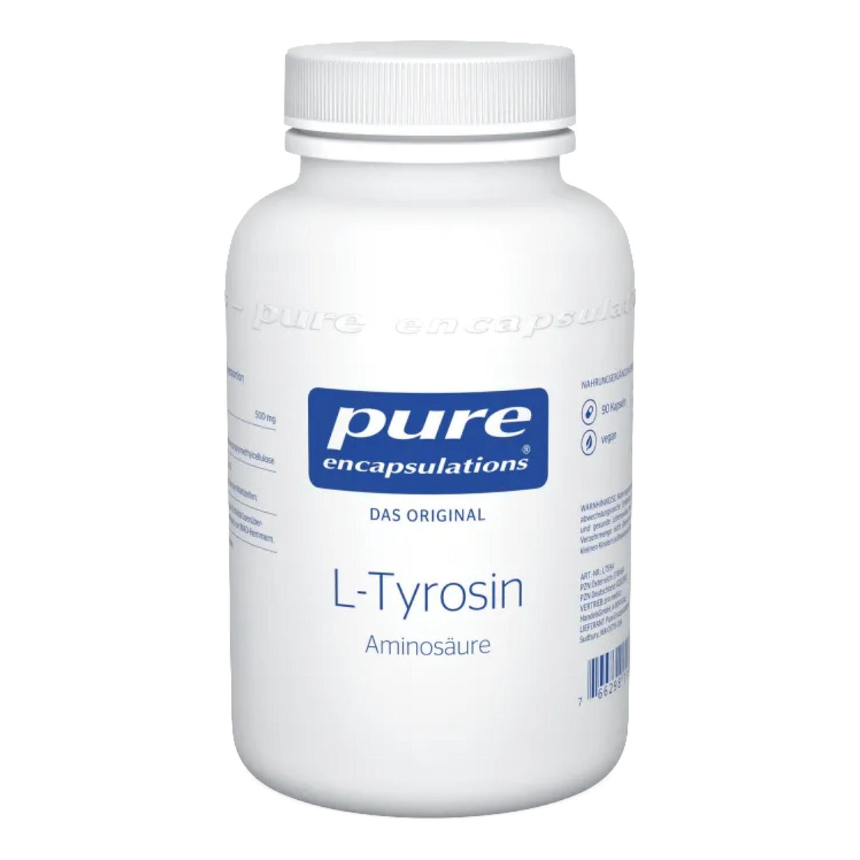 Eine weiße Plastikdose mit der Aufschrift 'pure encapsulations L-Tyrosin Aminosäure'. Die Dose ist aufrecht stehend auf einem weißen Hintergrund zu sehen. Auf dem Etikett sind weitere Informationen wie 'DAS ORIGINAL', '90 Kapseln', 'vegan' und ein Barcode abgedruckt. Die Schrift ist überwiegend in Blau gehalten.