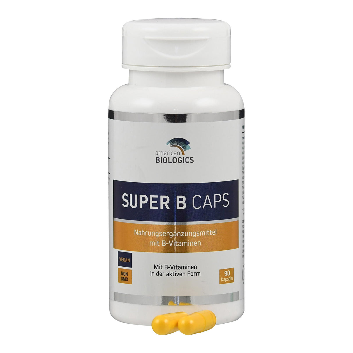Flasche mit Nahrungsergänzungsmittel 'SUPER B CAPS' von American Biologics. Enthält 90 vegane, nicht-GMO Kapseln mit aktiven B-Vitaminen.