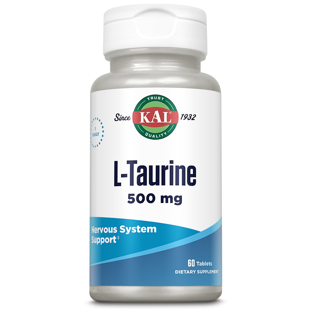 Eine Plastikflasche mit weißem Schraubverschluss, auf der Vorderseite steht "KAL L-Taurine 500 mg". Darunter der Hinweis "Nervous System Support" und dass die Flasche 60 Tabletten enthält. Das Etikett ist hauptsächlich weiß und blau.