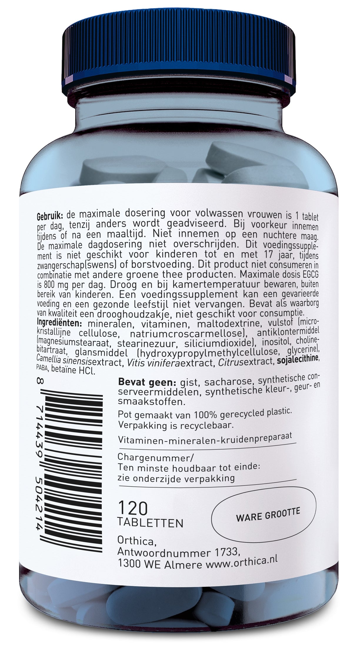 Eine blaue Kunststoffflasche mit Schraubverschluss enthält 120 Tabletten. Das Etikett ist in niederländischer Sprache und gibt Gebrauchsanweisungen, Inhaltsstoffe und Herstellerinformationen an. Die Flasche ist aus 100 % recyceltem Plastik. Hersteller ist Orthica, mit Sitz in Almere, Niederlande.