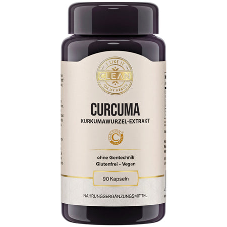 Das Bild zeigt ein Nahrungsergänzungsmittel namens "I LIKE IT CLEAN CURCUMIN" in einer schwarzen Flasche. Im Hintergrund sind Kurkumapulver und -wurzeln zu sehen. Auf der Flasche steht: "Kurkuma Wurzel-Extrakt, ohne Gentechnik, glutenfrei, vegan, 90 Kapseln". Daneben befinden sich Symbole und Texte, die auf die Eigenschaften des Produkts hinweisen: 100 % vegan, glutenfreie Formel, garantiert ohne Gentechnik, unabhängig laborgeprüft. Im Hintergrund ist eine Schale mit Kurkumapulver zu sehen.