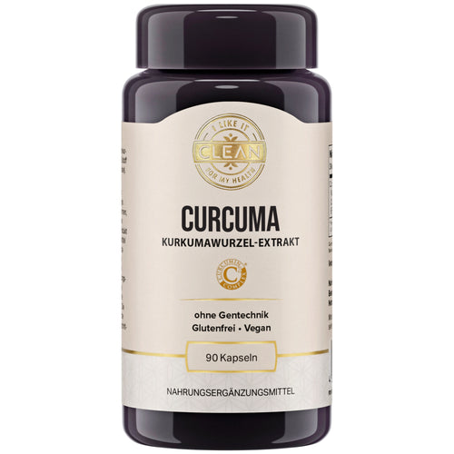 Das Bild zeigt ein Nahrungsergänzungsmittel namens "I LIKE IT CLEAN CURCUMIN" in einer schwarzen Flasche. Im Hintergrund sind Kurkumapulver und -wurzeln zu sehen. Auf der Flasche steht: "Kurkuma Wurzel-Extrakt, ohne Gentechnik, glutenfrei, vegan, 90 Kapseln". Daneben befinden sich Symbole und Texte, die auf die Eigenschaften des Produkts hinweisen: 100 % vegan, glutenfreie Formel, garantiert ohne Gentechnik, unabhängig laborgeprüft. Im Hintergrund ist eine Schale mit Kurkumapulver zu sehen.