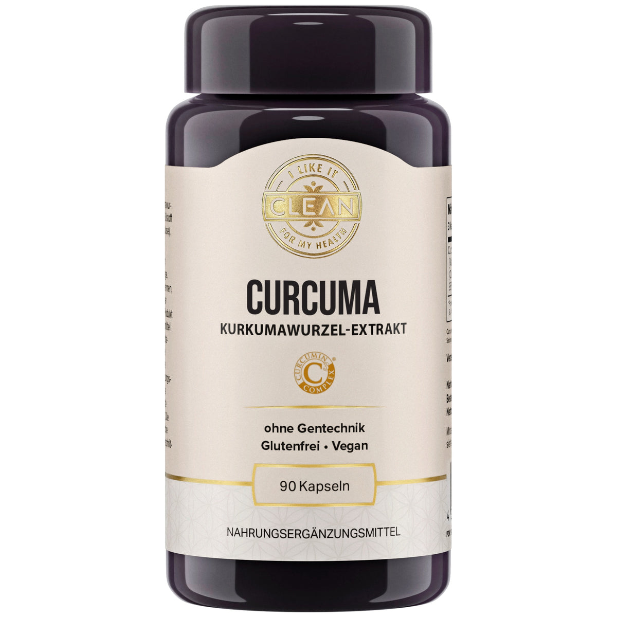 Das Bild zeigt ein Nahrungsergänzungsmittel namens "I LIKE IT CLEAN CURCUMIN" in einer schwarzen Flasche. Im Hintergrund sind Kurkumapulver und -wurzeln zu sehen. Auf der Flasche steht: "Kurkuma Wurzel-Extrakt, ohne Gentechnik, glutenfrei, vegan, 90 Kapseln". Daneben befinden sich Symbole und Texte, die auf die Eigenschaften des Produkts hinweisen: 100 % vegan, glutenfreie Formel, garantiert ohne Gentechnik, unabhängig laborgeprüft. Im Hintergrund ist eine Schale mit Kurkumapulver zu sehen.
