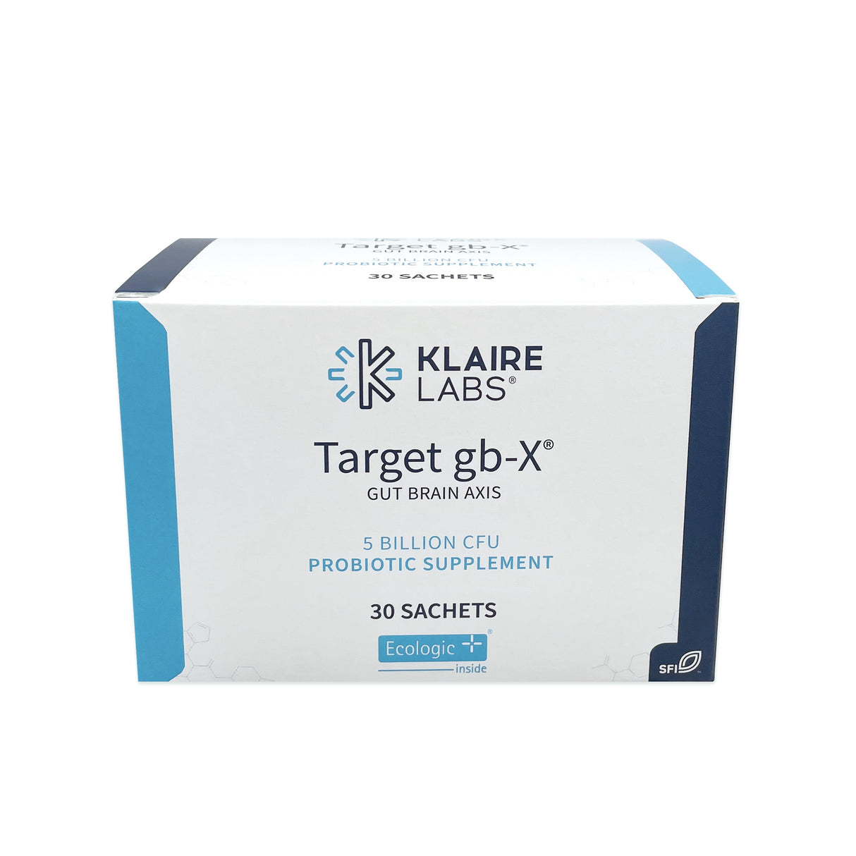 Das Bild zeigt eine rechteckige, weiße Verpackung mit blauen Akzenten von Klaire Labs. Auf der Vorderseite steht "Target gb-X" und "Gut Brain Axis". Es sind 30 Sachets enthalten. Unten steht "5 Billion CFU Probiotic Supplement" und "Ecologic+ inside".