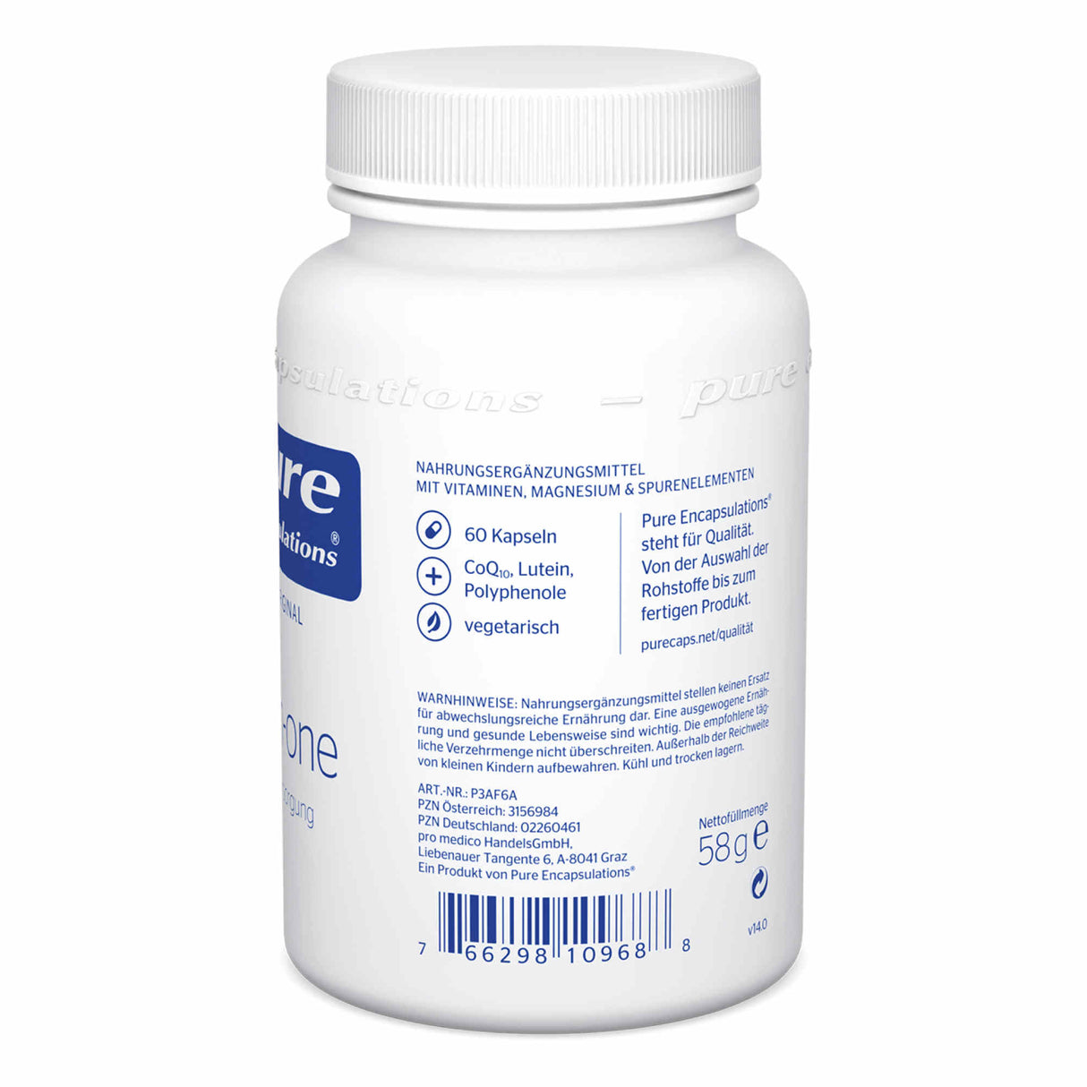 Eine weiße Plastikflasche mit einem Schraubverschluss. Auf dem Etikett steht 'Pure Encapsulations'. Es wird als Nahrungsergänzungsmittel mit Vitaminen, Magnesium und Spurenelementen beschrieben. Es enthält 60 Kapseln, CoQ10, Lutein und Polyphenole und ist vegetarisch. Die Flasche hat einen Barcode und verschiedene Warnhinweise. Sie stammt von der Firma pro medico HandelsGmbH in Graz, Österreich.