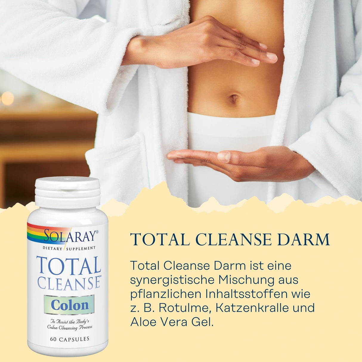 Eine Person in einem weißen Bademantel zeigt auf ihren Bauch. Daneben steht eine Flasche 'Solaray Total Cleanse Colon' Nahrungsergänzungsmittel. Der Text beschreibt die Inhaltsstoffe des Produkts wie Rotulme, Katzenkralle und Aloe Vera Gel.