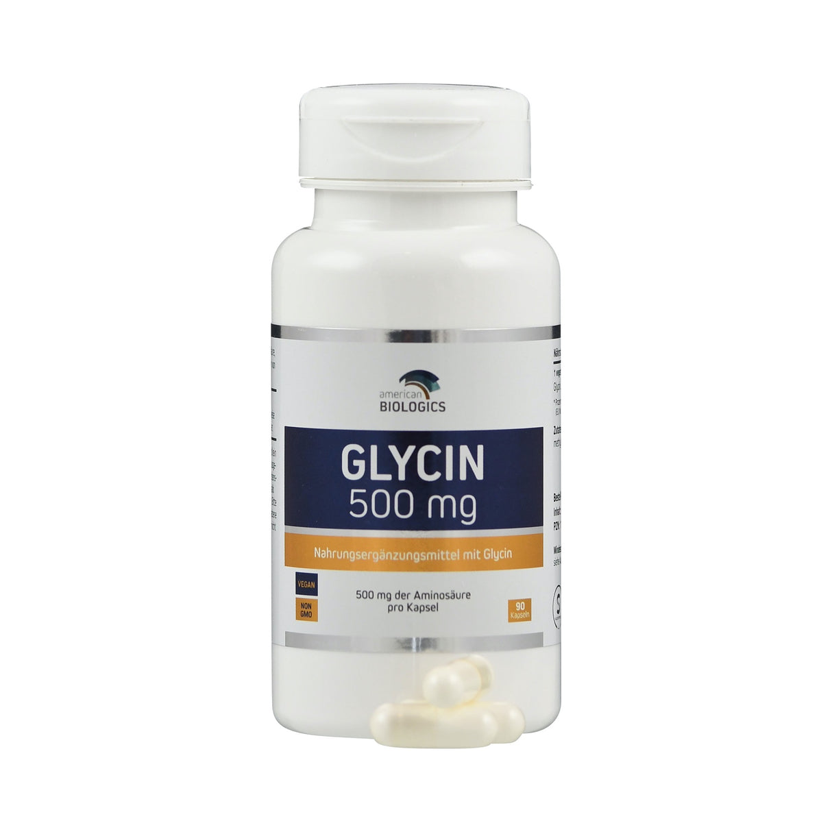 Eine weiße Plastikflasche mit einem Etikett, auf dem "Glycin 500 mg" steht. Darunter ist "Nahrungsergänzungsmittel mit Glycin" zu lesen. Die Flasche hat einen weißen Deckel und enthält 90 Kapseln. Vor der Flasche liegen einige Kapseln. Das Etikett enthält auch Informationen wie "Vegan" und "Non-GMO".