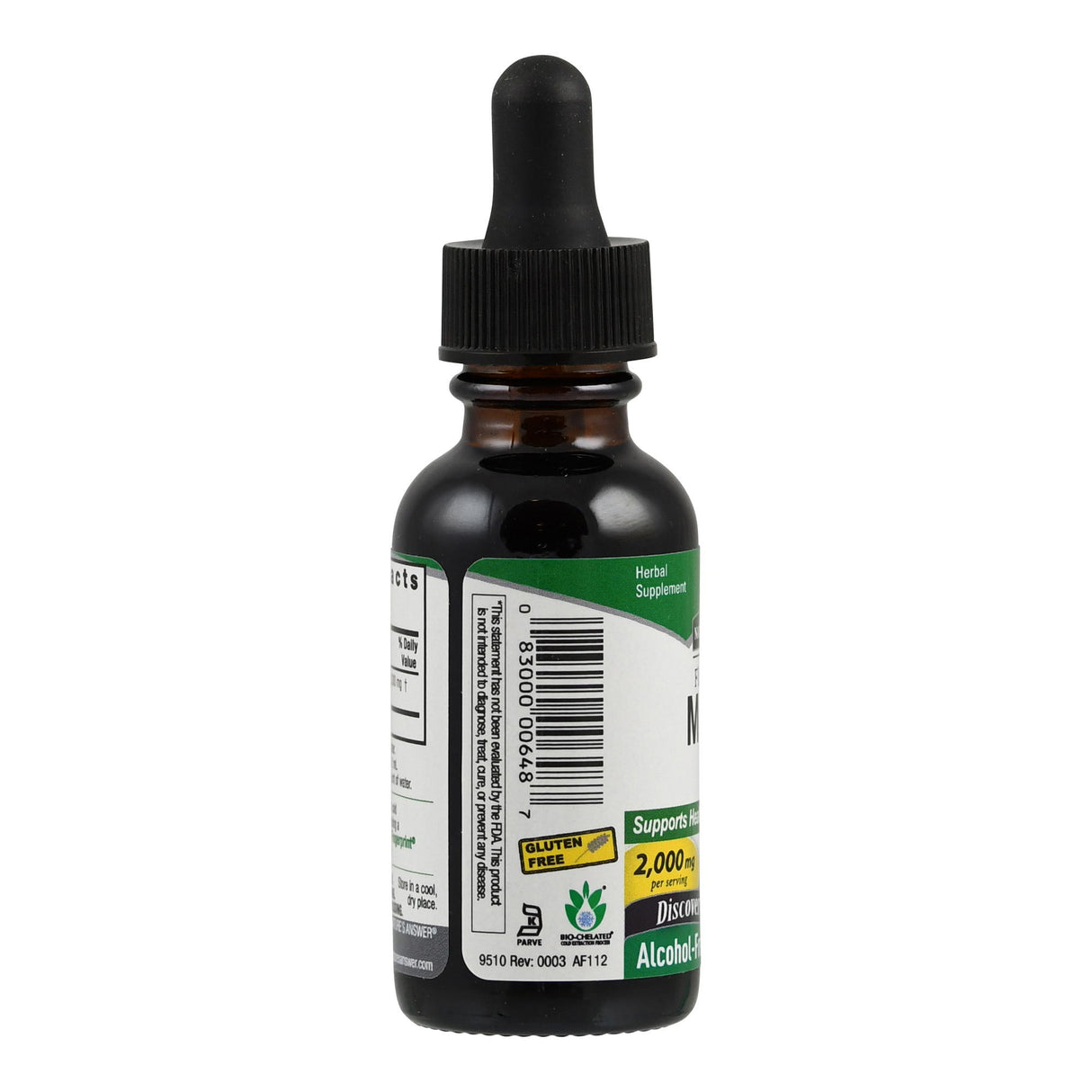 Das Bild zeigt eine dunkle Glasflasche mit einem schwarzen Tropfverschluss. Auf dem Etikett steht "Herbal Supplement" und es gibt einen Barcode sowie Hinweise wie "Gluten Free" und "Alcohol Free". Die Flasche ist vor einem weißen Hintergrund platziert.