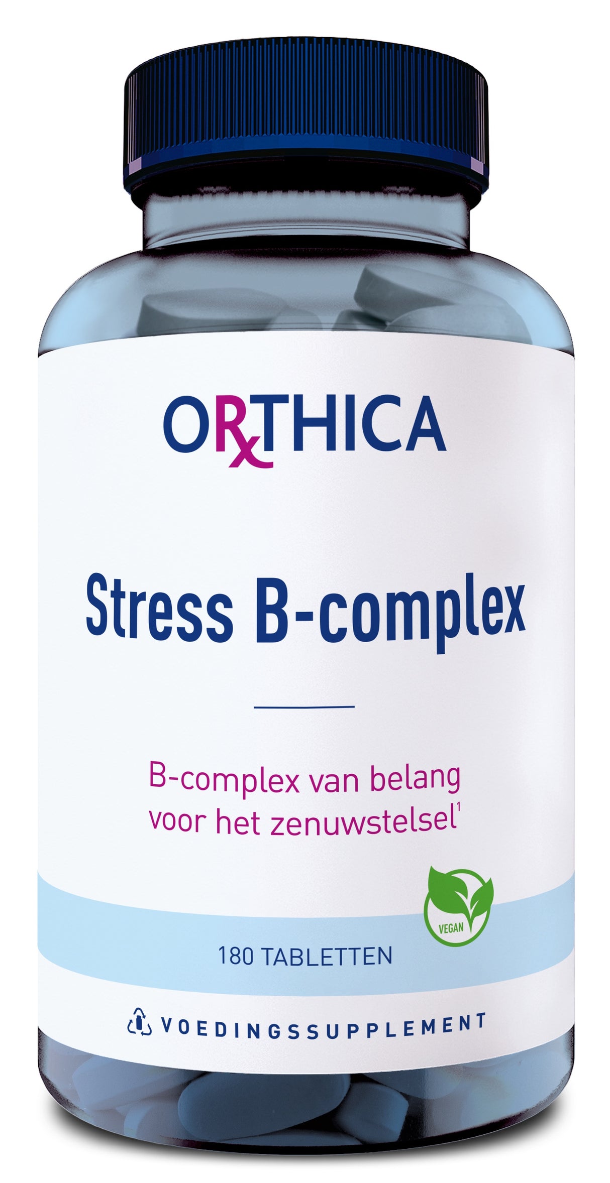 Das Bild zeigt eine Flasche mit Nahrungsergänzungsmitteln der Marke Orthica. Auf dem Etikett steht 'Stress B-complex', ein B-Vitamin-Komplex für das Nervensystem. Die Flasche enthält 180 Tabletten und ist vegan. Der Hintergrund ist neutral.
