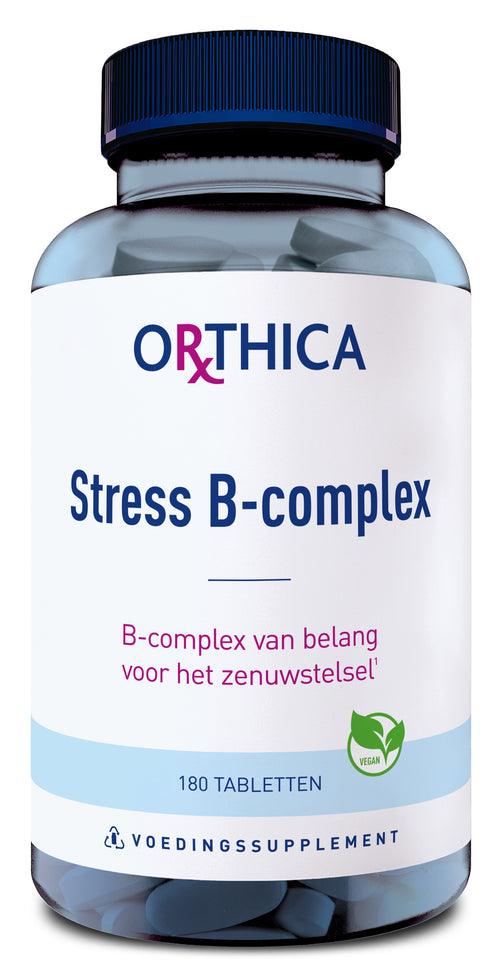 Das Bild zeigt eine Flasche mit Nahrungsergänzungsmitteln der Marke Orthica. Auf dem Etikett steht 'Stress B-complex', ein B-Vitamin-Komplex für das Nervensystem. Die Flasche enthält 180 Tabletten und ist vegan. Der Hintergrund ist neutral.