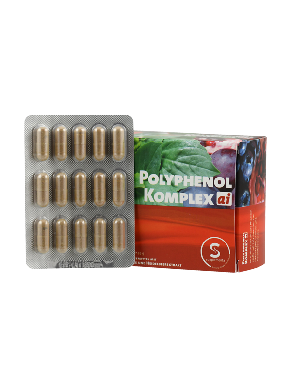 Eine Blisterpackung mit Kapseln neben einer Verpackung mit der Aufschrift 'Polyphenol Komplex ai'.