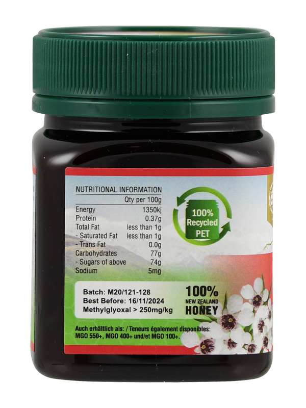 Honigglas mit Nährwertangaben, 100% recyceltes PET, Methylglyoxal > 250mg/kg, Haltbar bis 16.11.2024, 100% Neuseeland Honig.