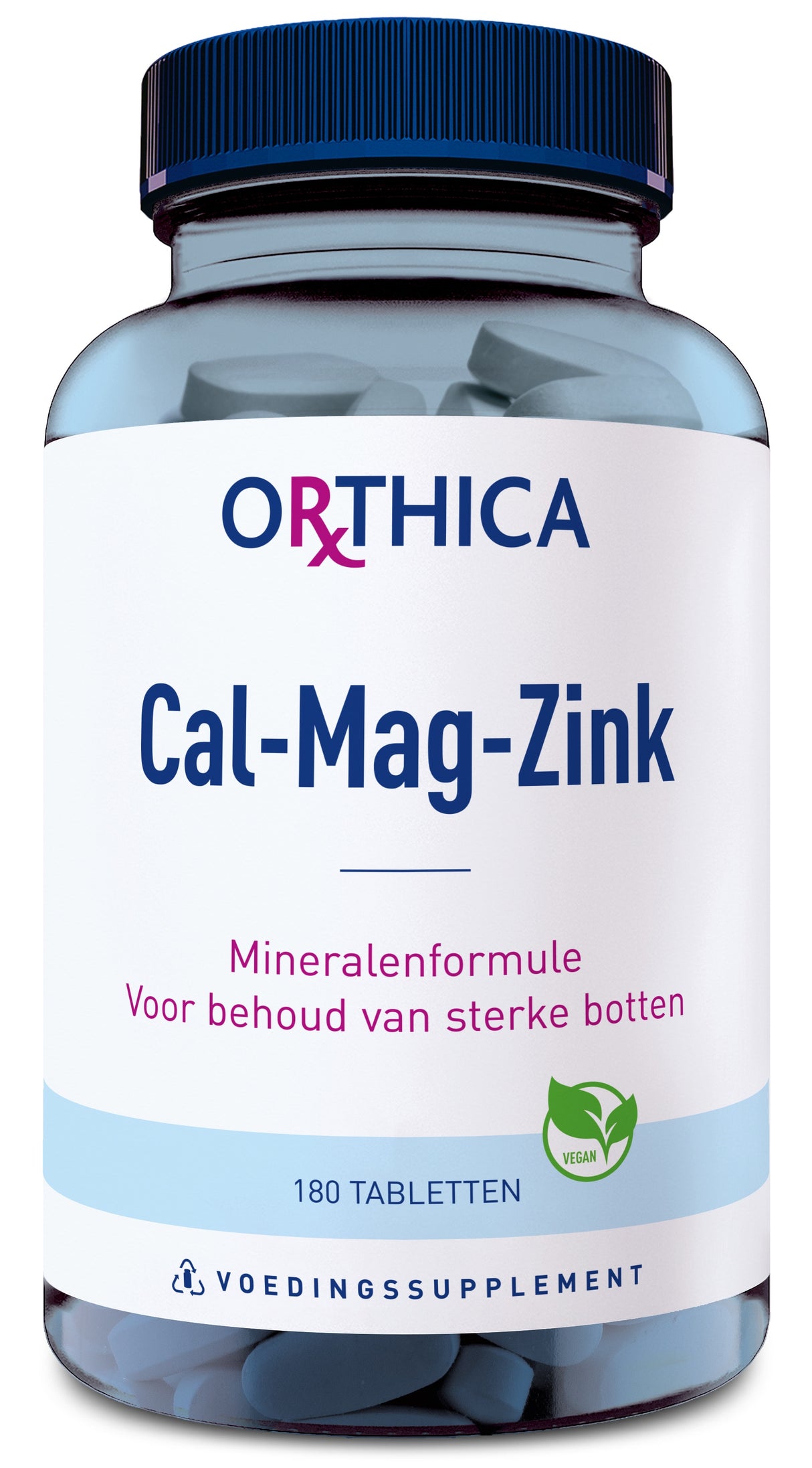 Das Bild zeigt eine Flasche des Nahrungsergänzungsmittels Cal-Mag-Zink von Orthica. Die Flasche hat einen blauen Deckel und enthält 180 Tabletten. Auf dem Etikett steht 'Mineralenformule Voor behoud van sterke botten'. Es gibt ein veganes Logo.