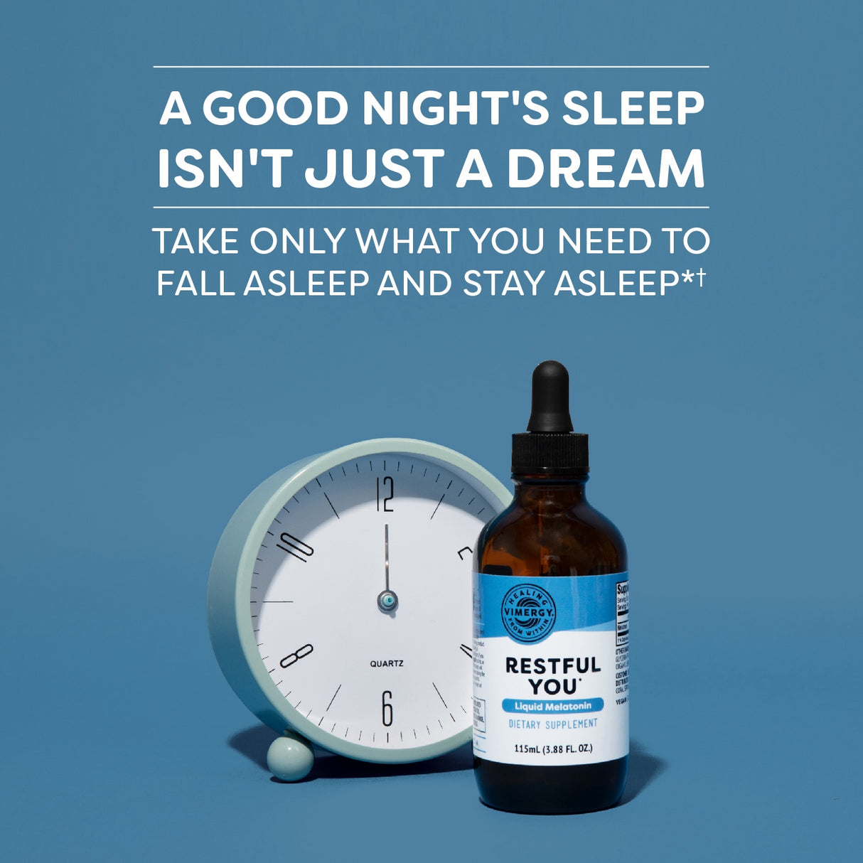 Das Bild zeigt eine Werbeanzeige für ein Nahrungsergänzungsmittel namens "Restful You" mit Melatonin. Links ist ein blauer Wecker abgebildet. Der Hintergrund ist ebenfalls blau, und oben steht ein Text über guten Schlaf.
