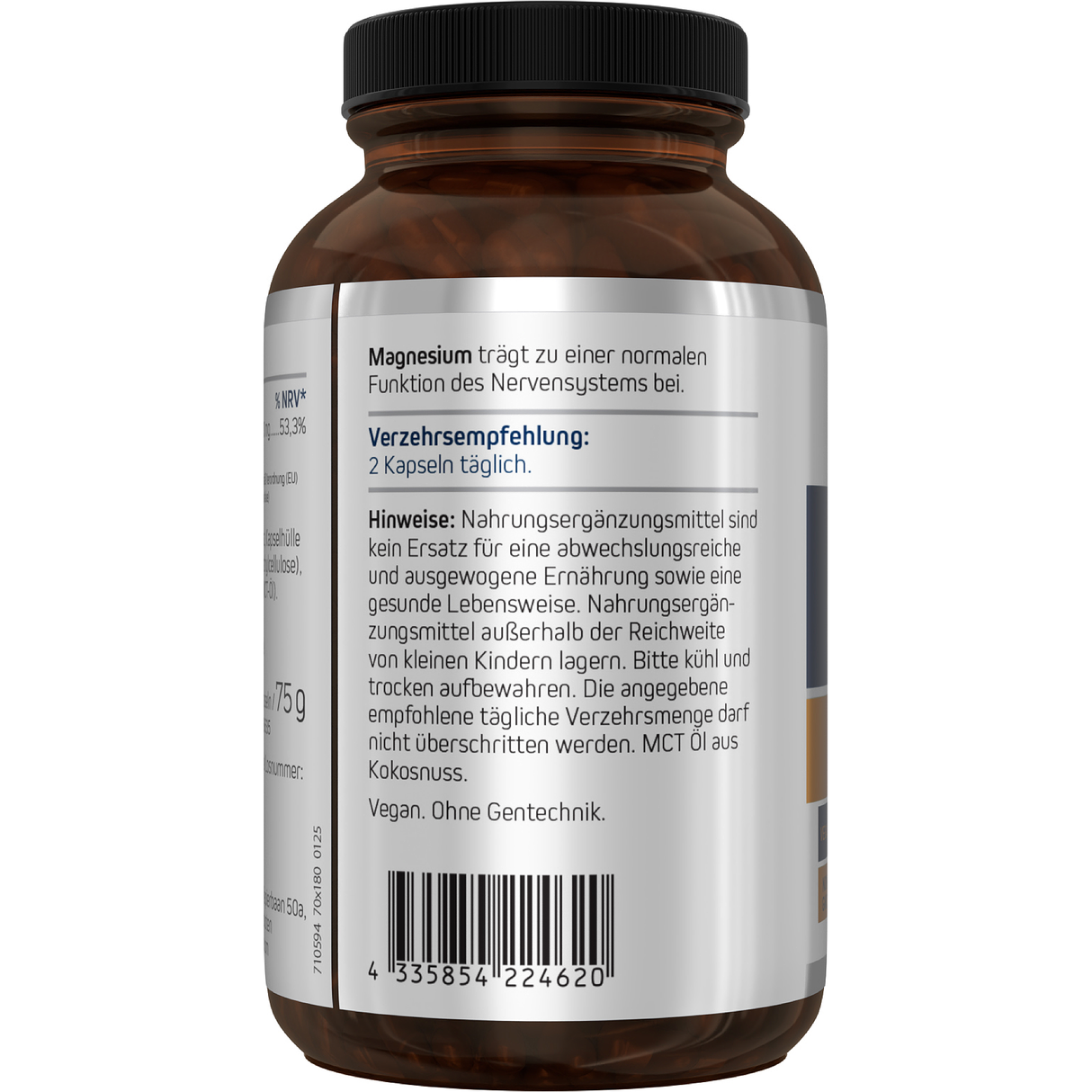 Eine weiße Plastikflasche mit dem Etikett 'MAGNESIUM GLYCINAT 100 mg' von American Biologics steht vor einem weißen Hintergrund. Das Etikett zeigt Informationen über das Nahrungsergänzungsmittel, einschließlich der Dosierungsempfehlung von 200 mg pro Tag und der Anzahl der Kapseln (90 Stück). Zwei Kapseln liegen vor der Flasche.