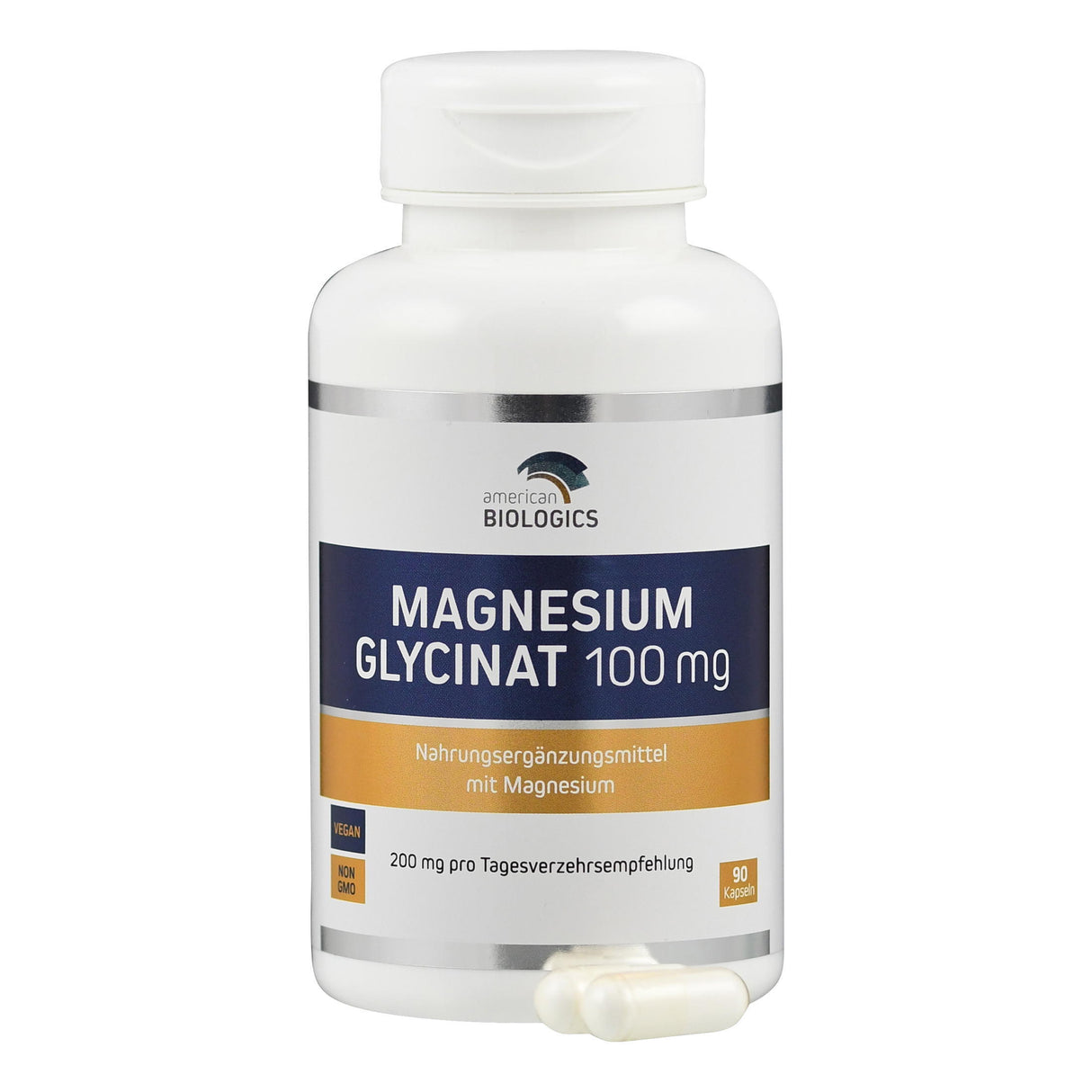 Eine weiße Plastikflasche mit dem Etikett 'MAGNESIUM GLYCINAT 100 mg' von American Biologics steht vor einem weißen Hintergrund. Das Etikett zeigt Informationen über das Nahrungsergänzungsmittel, einschließlich der Dosierungsempfehlung von 200 mg pro Tag und der Anzahl der Kapseln (90 Stück). Zwei Kapseln liegen vor der Flasche.