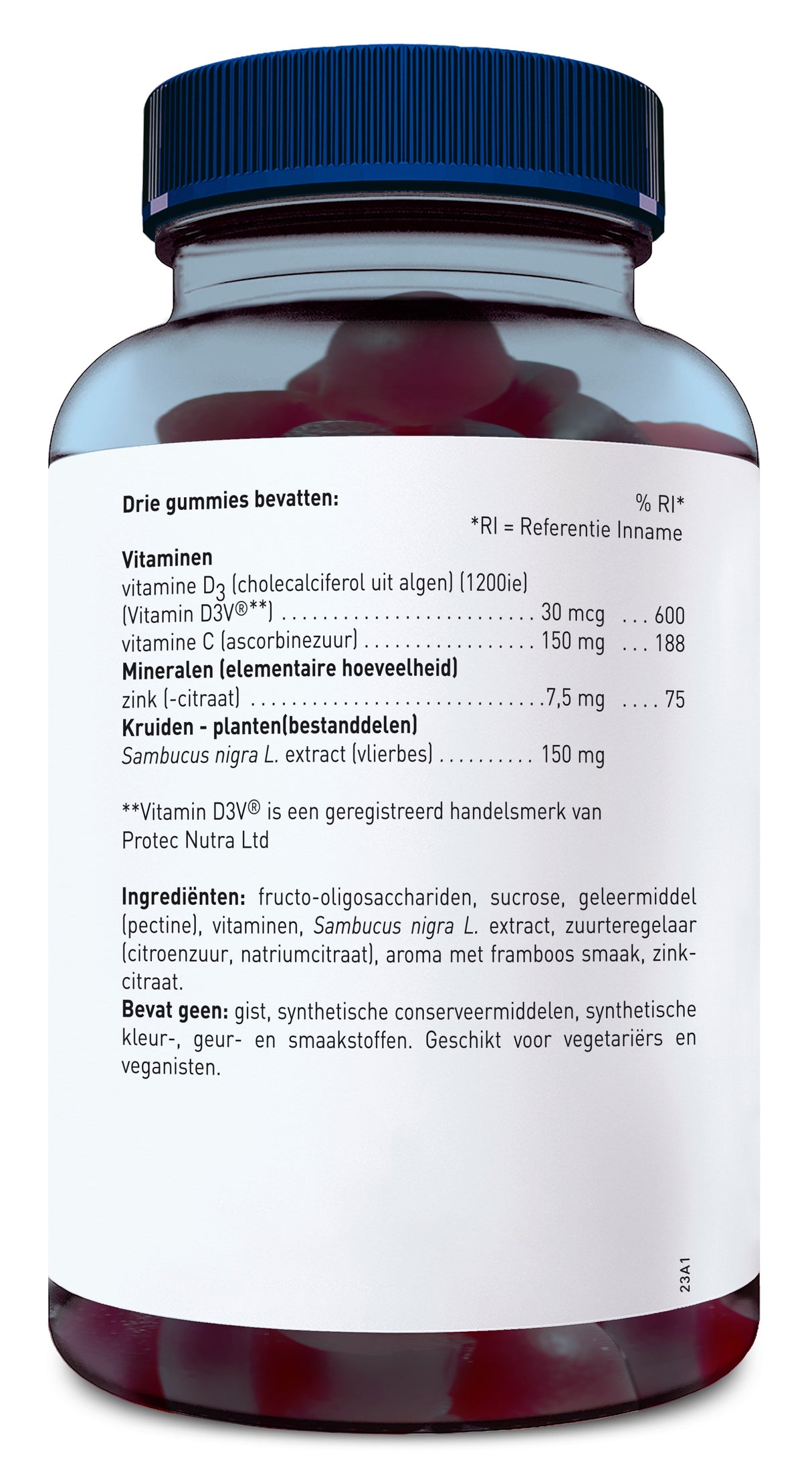 Das Bild zeigt ein Glas mit einem blauen Deckel, das Nahrungsergänzungsmittel in Gummiform enthält. Auf dem Etikett sind Informationen zu den Inhaltsstoffen auf Niederländisch zu sehen, darunter Vitamin D3, Vitamin C, Zink und Holunderextrakt. Die Zutatenliste umfasst Fructo-Oligosaccharide, Saccharose, Pektin und natürliche Aromen. Es wird darauf hingewiesen, dass das Produkt keine synthetischen Konservierungsstoffe oder künstlichen Farbstoffe enthält und für Vegetarier und Veganer geeignet ist.