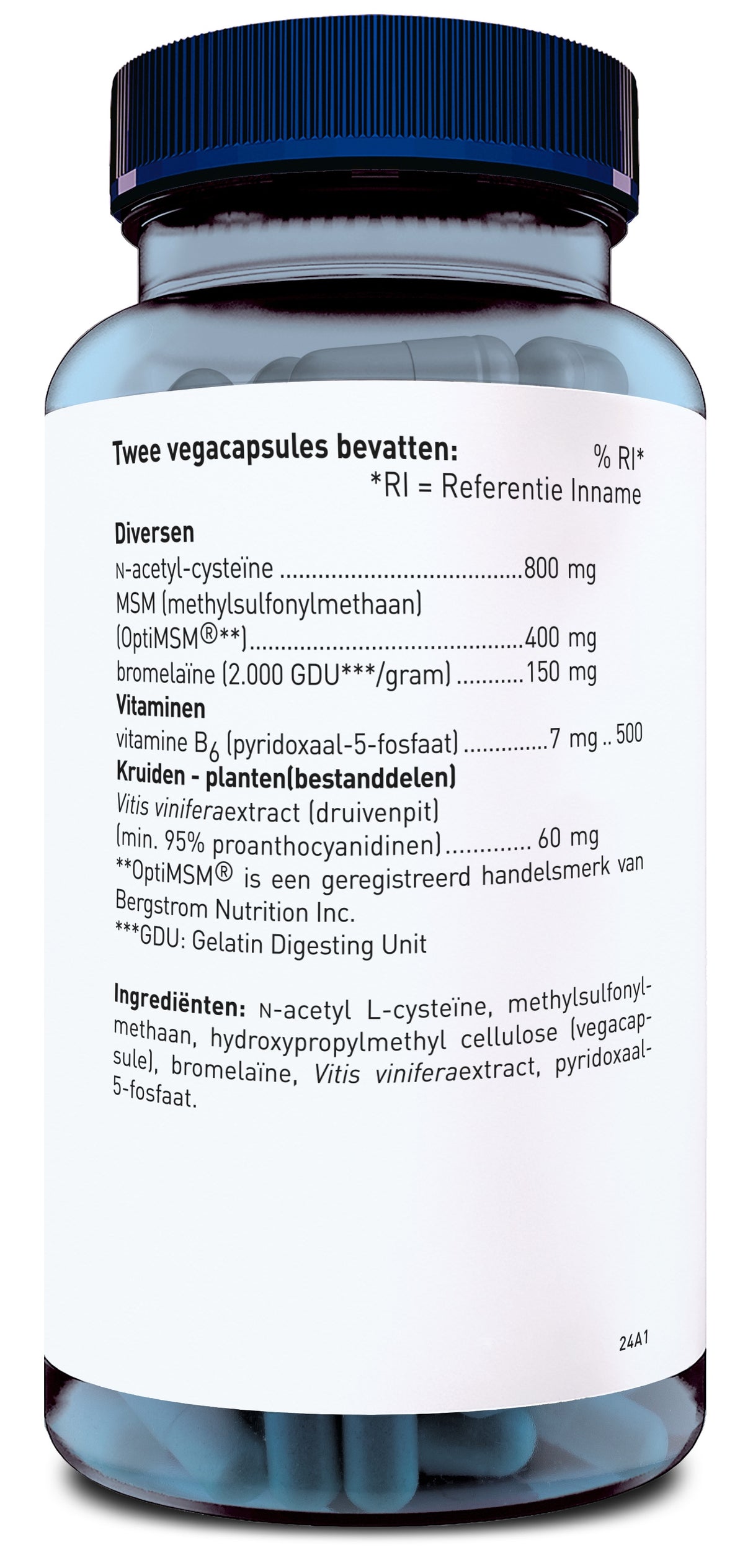 Ein Glas mit blauem Deckel, das Nahrungsergänzungsmittel in Kapselform enthält. Auf dem Etikett stehen Inhaltsstoffe wie N-Acetyl-Cystein und MSM. Die Aufschrift ist auf Niederländisch.