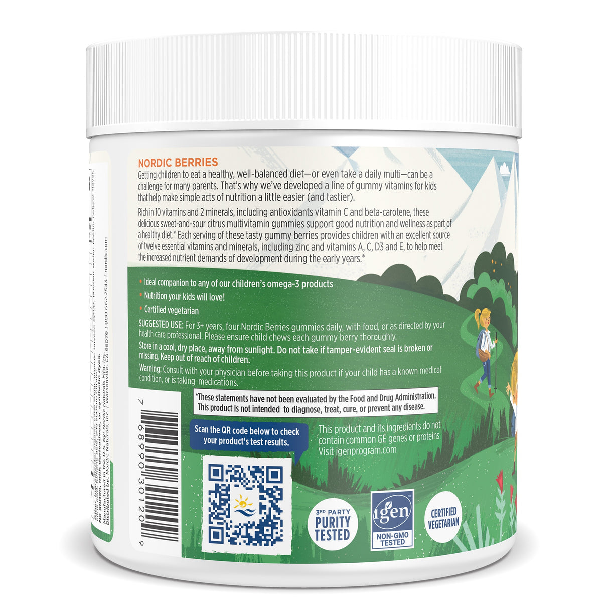 Behälter mit Beschreibung von Nordic Berries Multivitamin-Gummis für Kinder. Enthält 10 Vitamine, 2 Mineralien. Vegetarisch, nicht-GVO, für Kinder ab 3 Jahren.