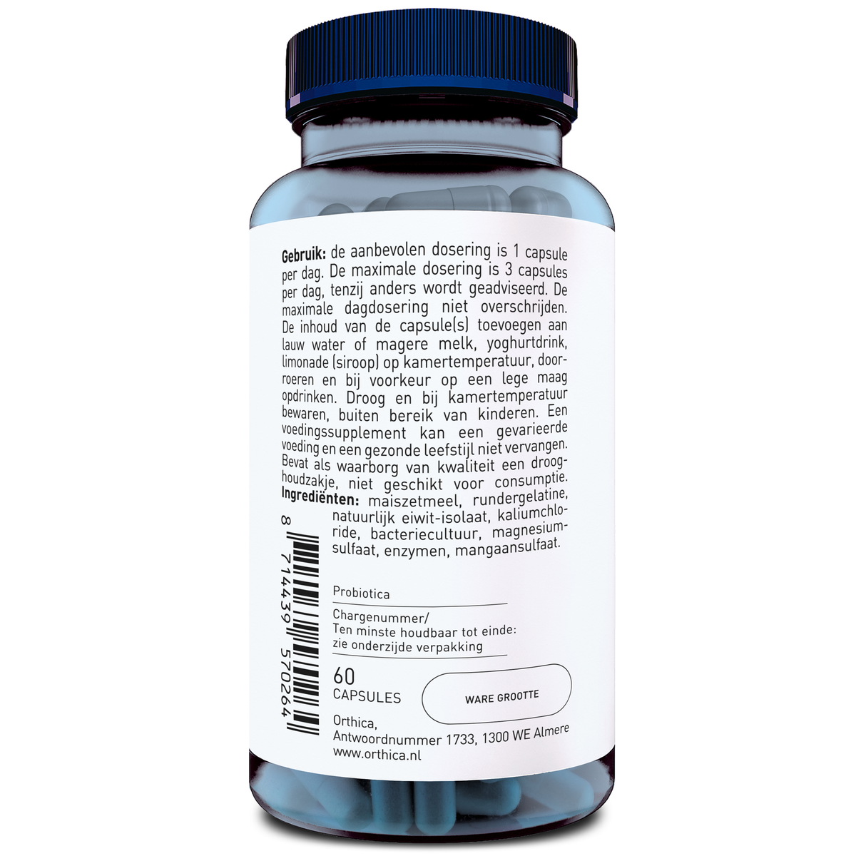 Das Bild zeigt eine durchsichtige Kunststoffflasche mit einem blauen Deckel. Die Flasche enthält blaue Kapseln und hat ein weißes Etikett mit niederländischem Text. Der Text beschreibt die empfohlene Dosierung, Zutaten und Herstellerinformationen. Auf dem Etikett stehen auch Angaben zur Haltbarkeit und zum Herstellerort in Almere, Niederlande.
