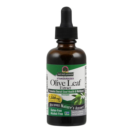 Eine braune Glasflasche mit Tropfverschluss, darauf ein Etikett mit der Aufschrift "Nature's Answer Standardized Olive Leaf Extract". Das Etikett ist grün und weiß mit einem Bild von Oliven. Die Flasche enthält 60 ml und ist glutenfrei sowie alkoholfrei.