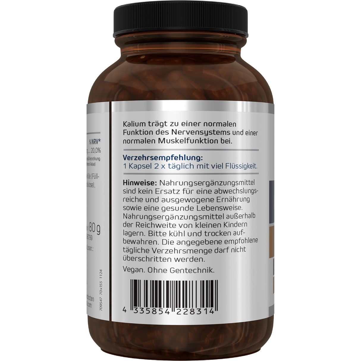 Flasche mit Kaliumcitrat-Nahrungsergänzung, 200 mg Kalium pro Kapsel, 90 Kapseln, vegan, nicht genmanipuliert.