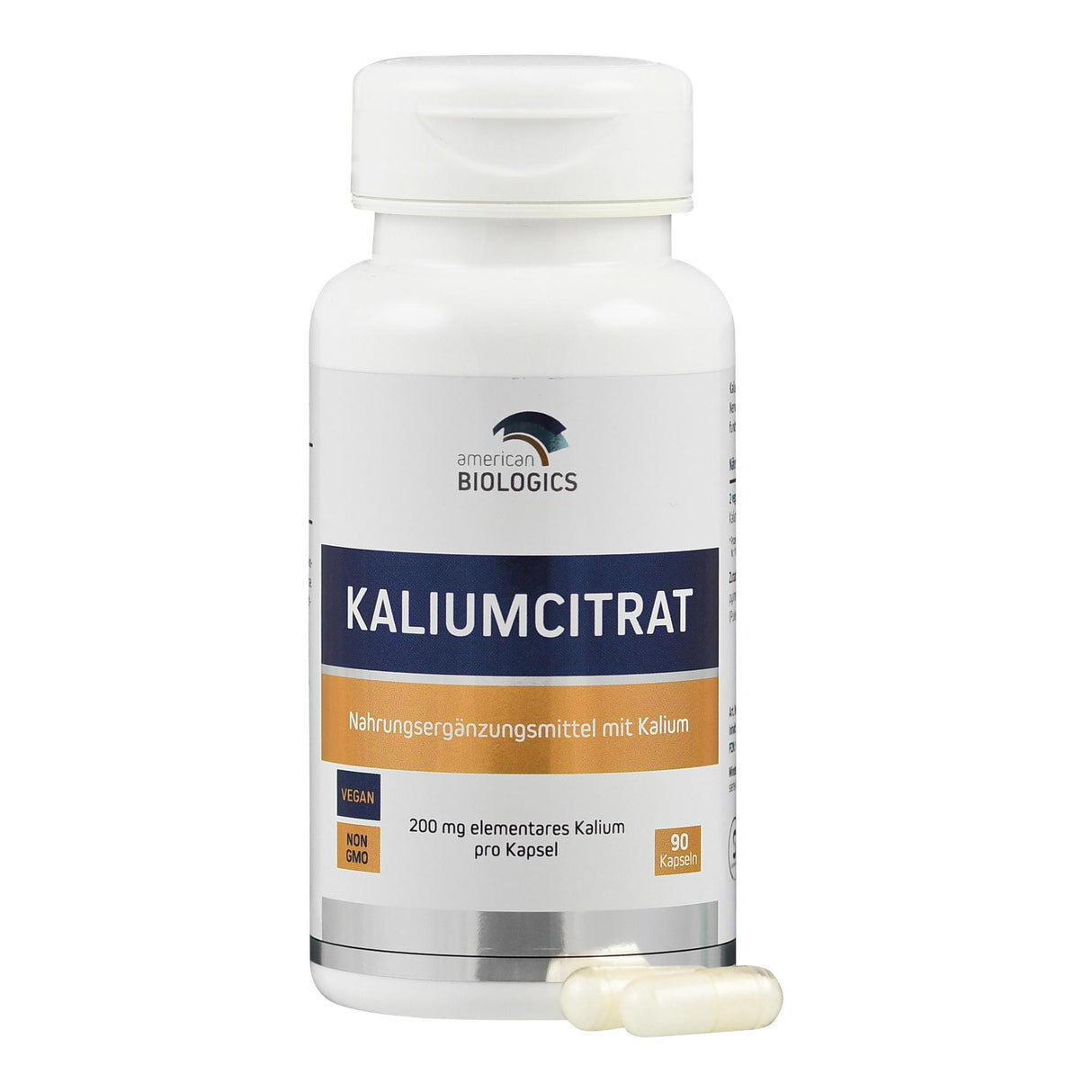 Flasche mit Kaliumcitrat-Nahrungsergänzung, 200 mg Kalium pro Kapsel, 90 Kapseln, vegan, nicht genmanipuliert.