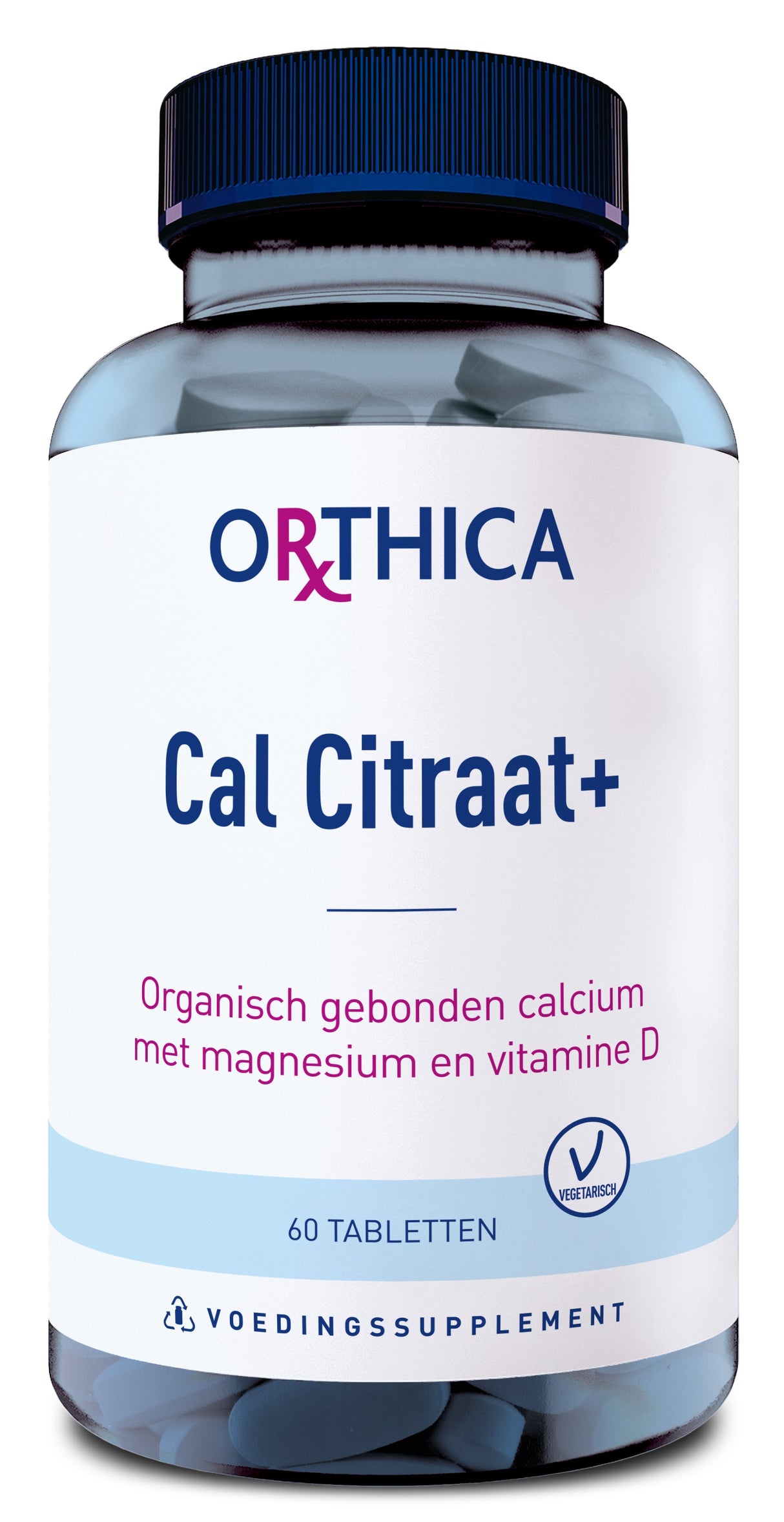 Eine Flasche mit dem Etikett 'ORTHICA Cal Citraat+' enthält 60 Tabletten. Das Etikett beschreibt die Inhaltsstoffe als organisch gebundenes Calcium mit Magnesium und Vitamin D. Die Verpackung ist blau und weiß mit einem vegetarischen Symbol.