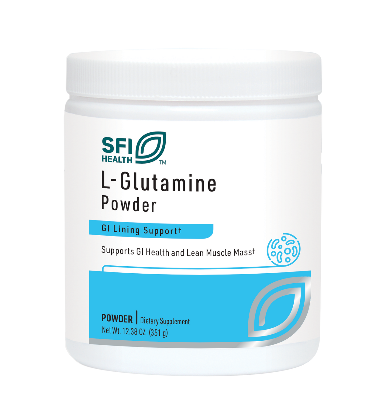 Ein weißer Behälter mit der Aufschrift 'SFI Health L-Glutamine Powder'. Der Behälter hat einen blauen Akzent und enthält Informationen zur Unterstützung der Magen-Darm-Gesundheit und Muskelmasse. Nettogewicht: 351 g.