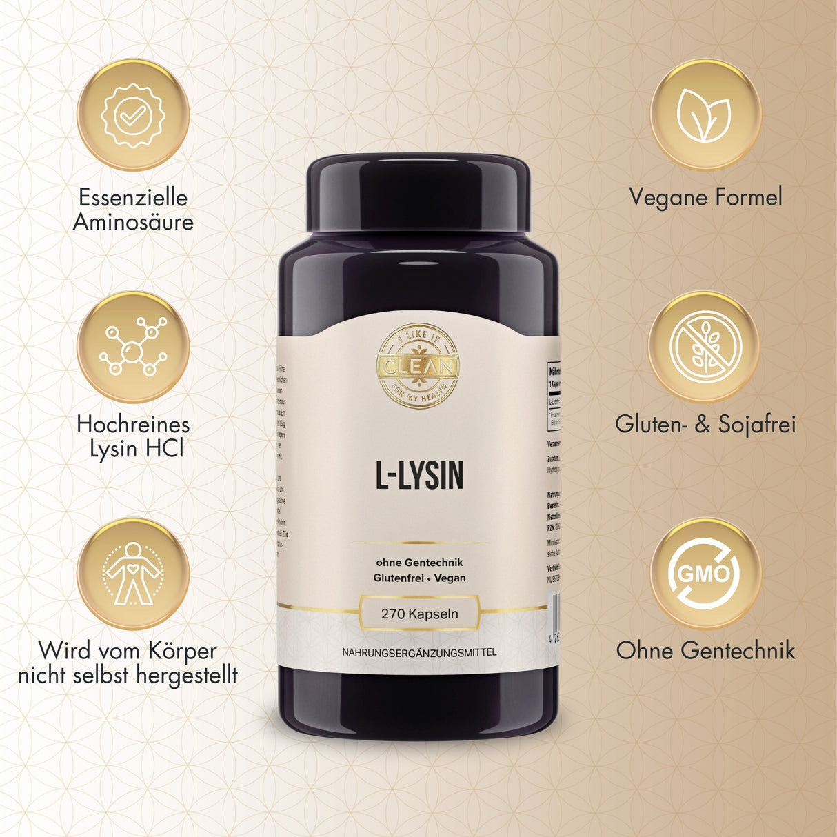 Das Bild zeigt eine Sammlung von Nahrungsergänzungsmitteln in dunklen Flaschen mit Etiketten, die verschiedene Produkte wie Wilde Blaubeeren Pulver, Bio Gerstengrassaf Pulver, Premium Spirulina Pulver, Magnesium-Glycinat, L-Lysin, Vitamin D3, Melatonin, Zink und Vitamin B12 anzeigen. Die Flaschen sind auf einem beigen Hintergrund angeordnet. Oben im Bild steht der Text 'I LIKE IT CLEAN'.