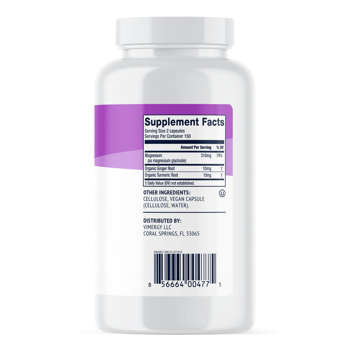 Das Bild zeigt eine weiße Plastikflasche mit einem Etikett, das Informationen über Nahrungsergänzungsmittel enthält. Auf dem Etikett sind die Inhaltsstoffe Magnesium, Ingwerwurzel und Kurkumawurzel angegeben. Die Flasche wird von Vimergy LLC vertrieben.