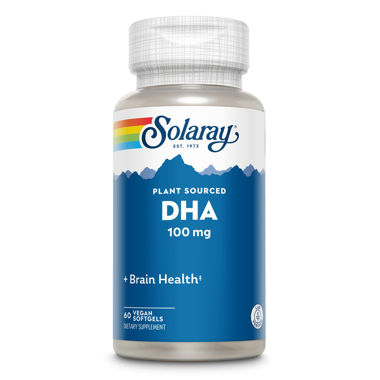 Das Bild zeigt eine Flasche Solaray Plant Sourced DHA, 100 mg, mit blauem Etikett und Regenbogen-Logo. Enthält 60 vegane Softgels zur Unterstützung der Gehirngesundheit. Die Flasche ist vor einem weißen Hintergrund platziert.