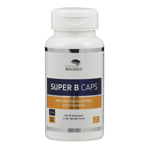 Weiße Flasche mit Etikett 'SUPER B CAPS', Nahrungsergänzungsmittel mit B-Vitaminen, vegan, non-GMO, 90 Kapseln.