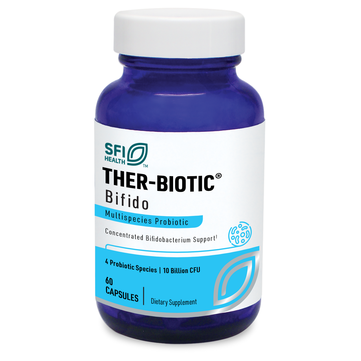 Das Bild zeigt eine blaue Flasche mit weißem Etikett der Marke SFI Health. Auf dem Etikett steht "THER-BIOTIC Bifido", ein Multispecies Probiotikum mit 60 Kapseln und 10 Milliarden CFU. Die Flasche steht aufrecht.